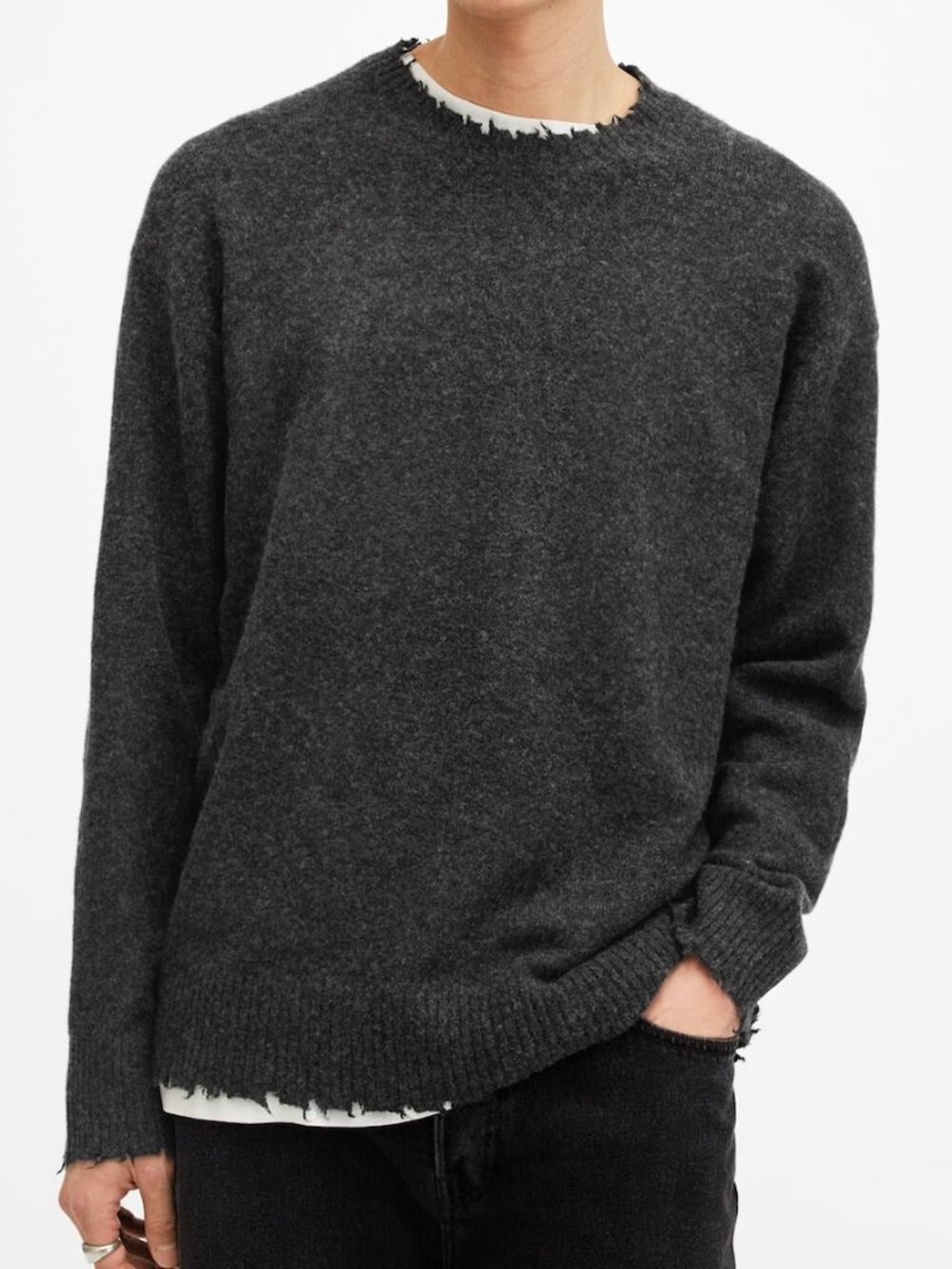 All Saints Dark Gray Distressed Crew Neck Sweater in Medium